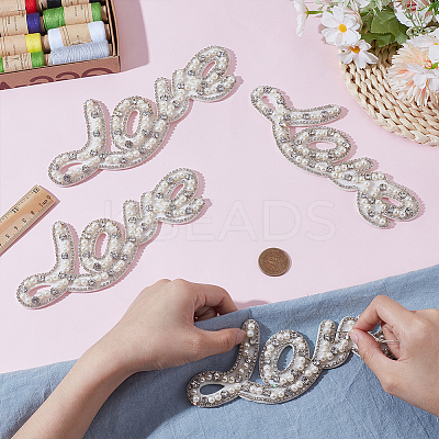 4Pcs Word Love Glass Crystal Rhinestone with Plastic Pearl Sew on Cloth Patches PATC-FG0003-51-1