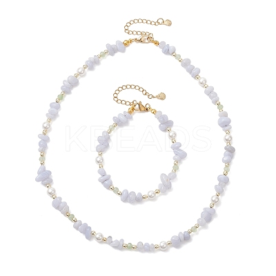 Natural Blue Lace Agate Chip & Dyed Natural Malaysia Jade & Synthetic Hematite & Shell Pearl Bead Necklace & Bracelets Sets SJEW-JS01377-1