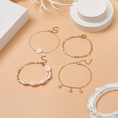 4Pcs 4 Style Natural Shell Beaded Anklets Set AJEW-AN00526-1
