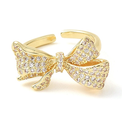 Bowknot Brass Micro Pave Clear Cubic Zirconia Open Cuff Rings for Women RJEW-C098-19G-1