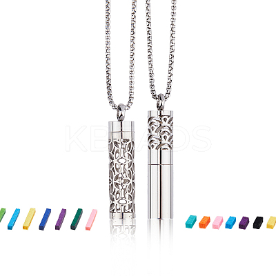 2 Styles 304 Stainless Steel Box Chain Hollow Column Perfume Bottle Pendant Necklaces NJEW-FH0001-19-1