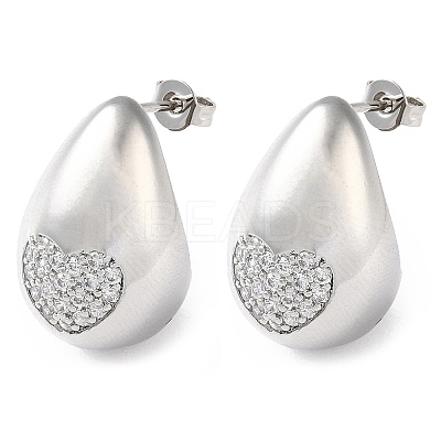 Teardrop with Heart Brass Micro Pave Clear Cubic Zirconia Stud Earrings EJEW-A034-02P-1