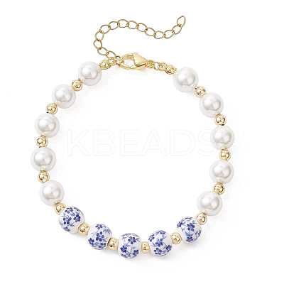 Handmade Flower Printed Porcelain Ceramic Beads & Shell Pearl Round Beaded Bracelets for Women BJEW-JB12709-1