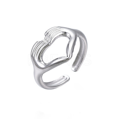 Non-Tarnish 304 Stainless Steel Heart Gesture Open Cuff Ring for Women RJEW-S405-260P-1