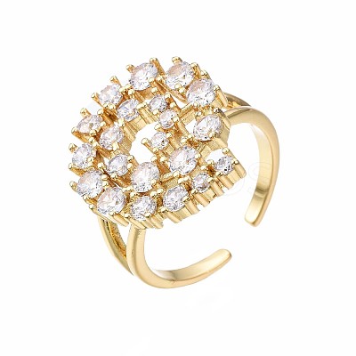 Real 18K Gold Plated Brass Hollow Flat Round Cuff Ring RJEW-S045-129-NF-1