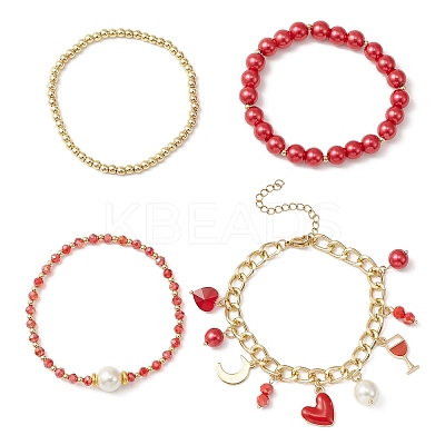 4Pcs 4 Style Glass & Shell Pearl Beaded Stretch Bracelets Set BJEW-TA00289-1