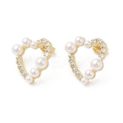 Brass Heart Stud Earrings with Cubic Zirconia EJEW-D065-03G-1