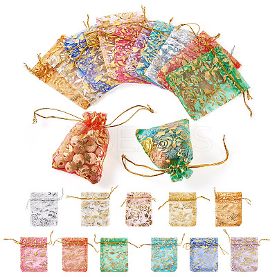 55Pcs 11 Colors Rose Printed Organza Drawstring Bags OP-TA0001-15C-1