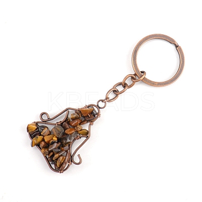Copper Wire Wrapped Natural Tiger Eye Chips Yoga Pendant Keychains PW-WG26152-10-1