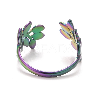 Ion Plating(IP) Rainbow Color 304 Stainless Steel Leaf Open Cuff Ring for Women RJEW-C025-09M-1