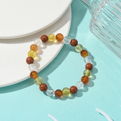 Synthetic Citrine & Natural Carnelian & Red Jasper & Natural Quartz Crystal Round Beaded Stretch Bracelets BJEW-JB10910-01-1