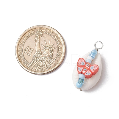 Natural Cowrie Shell & Handmade Polymer Clay Copper Wire Wrapped Pendants PALLOY-JF03818-02-1