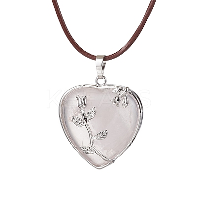 Natural Rose Quartz Heart Pendant Necklace with Cowhide Leather Cords NJEW-JN04598-02-1