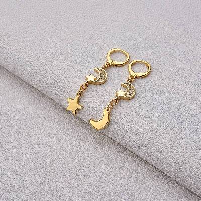 Clear Cubic Zirconia Moon and Star Dangle Leverback Earrings EJEW-SW00011-09-1