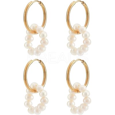 2 Pairs Natural Pearl Beaded Ring Dangle Hoop Earrings for Girl Women EJEW-NB0001-06-1