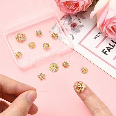 10Pcs 5 Styles Rack Plating Flower Brass Micro Pave Clear Cubic Zirconia Bead Caps KK-CJ0002-73-1