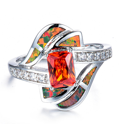 Brass Micro Pave Cubic Zirconia and Opal Finger Rings FS-WG9EA6B-07-1
