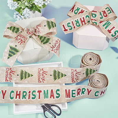 2 Rolls 2 Styles Christmas Printed Linen Ribbon OCOR-GF0002-72-1