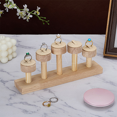 5-Slot PU Leather Round Tiered Ring Organizer Display Stands with Wooden Base RDIS-WH0001-39A-1
