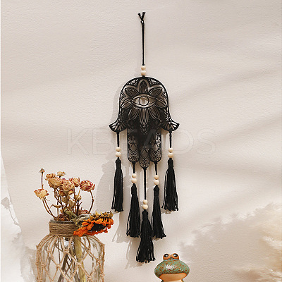 Bohemian Wooden Hamsa Hand with Tassel Pendant Decorations PW-WG49944-01-1