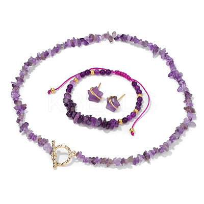 Naturl Amethyst Chip with 304 Stainless Steel Beaded Necklace & Braided Bead Bracelet & Star Stud Earring FS-WG0BBF5-01-1