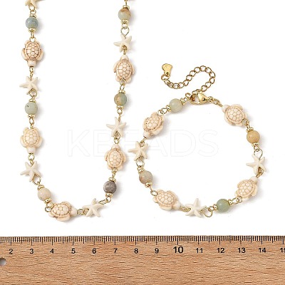 Starfish & Turtle Synthetic Turquoise Beaded Necklace & Bracelet Sets SJEW-JS01385-03-1