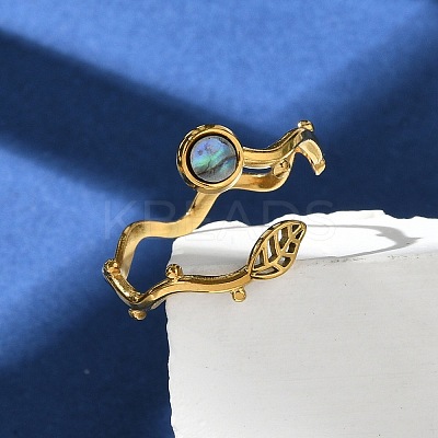 Leaf & Flat Round 304 Stainless Steel Paua Shell Cuff Rings for Women LS-RJEW-G346-01G-01-1