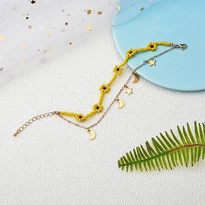Glass Seed Braided Flower Multi-strand Bracelet BJEW-SW00069-01-1