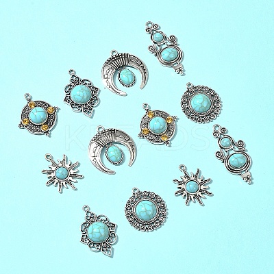 12Pcs 6 Styles Tibetan Style Alloy Pave Imitation Turquoise Pendants FIND-FS0002-81-1