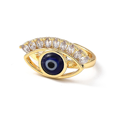 Lampwork Evil Eye Open Cuff Ring with Clear Cubic Zirconia RJEW-L104-02G-03-1