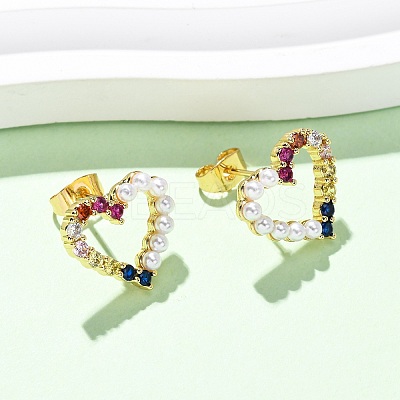 Brass Micro Pave Cubic Zirconia Heart Stud Earrings EJEW-K267-32G-1