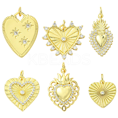 6Pcs 6 Styles Rack Plating Brass & Cubic Zirconia Pendants KK-SC0006-93-1