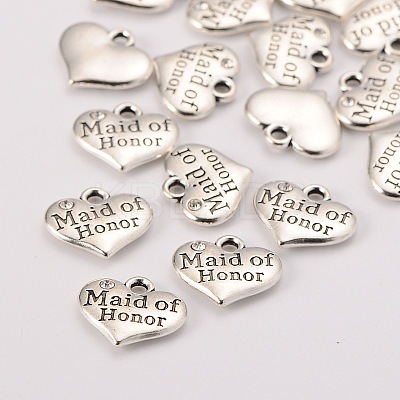 Wedding Theme Antique Silver Tone Tibetan Style Heart with Maid of Honor Rhinestone Charms X-TIBEP-N005-05B-1