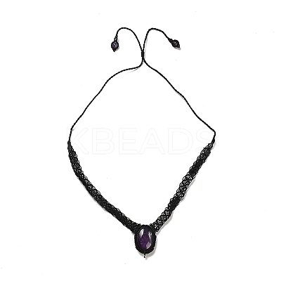 Natural Amethyst Oval Pendant Necklace NJEW-K258-01E-1