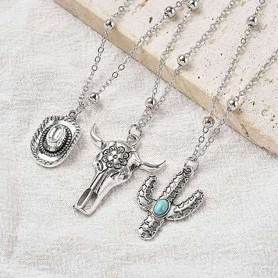 3Pcs 3 Styles Retro Alloy Synthetic Turquoise Cow Head/Cactus/Oval Pendant Satellite Chain Necklace Sets for Women NJEW-B120-01C-1