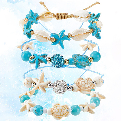 4Pcs 4 Style Turtle & Starfish & Round Synthetic Green Turquoise Braided Beaded Bracelets Sets BJEW-SC0001-43-1