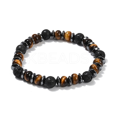 Tiger Eye with Hematite Partition and Lava Beaded Stretch Bracelets for Women Men BJEW-Q031-02A-1