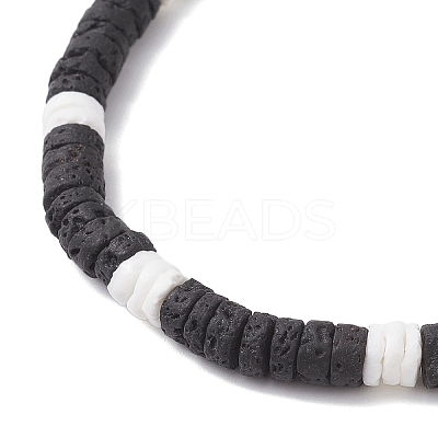 Natural Lava Rock & White Shell Flat Round Beads Stretch Bracelets for Men BJEW-JB12462-01-1