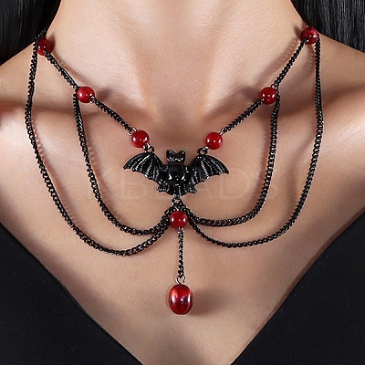 Iron & Round Resin Halloween Bat Pendant 3 Layered Necklaces for Women NJEW-A055-01A-EB-1