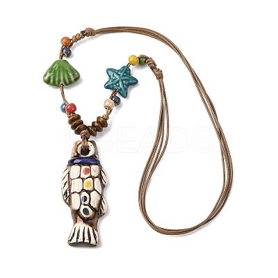 Ceramic Fish Pendant Adjustable Waxed Cord Necklaces for Women LS-NJEW-B146-05-1