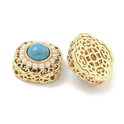 Brass & ABS Imitation Pearl & Synthetic Turquoise & Cubic Zirconia Flat Round Multi-Strand Links KK-Q820-33G-1