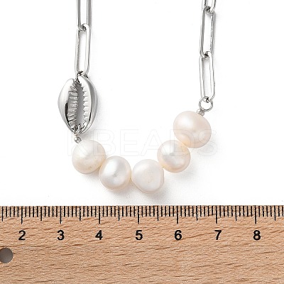 304 Stainless Steel Shell & Natural Pearl Beads Paperclip Chain Necklaces for Women NJEW-A045-17P-1