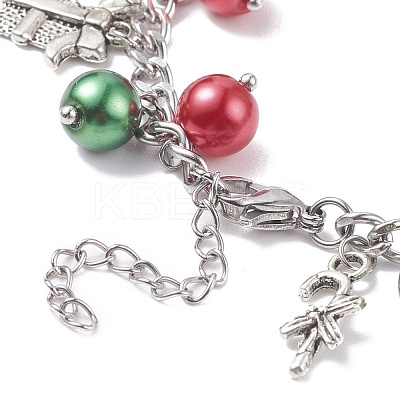 Christmas Gift Box & Tree & Snowflake & Reindeer Alloy Charm Bracelet with Glass Pearl BJEW-TA00097-1