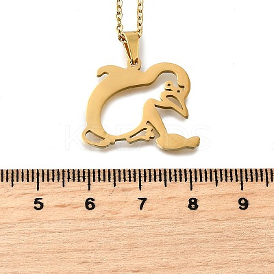 304 Stainless Steel Laser Cut Penguin with Fish Pendant Necklaces for Women Men NJEW-Q032-01B-G-1