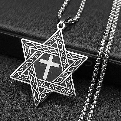 201 Stainless Steel Star of David with Cross Pendant Necklaces NJEW-S007-07P-1