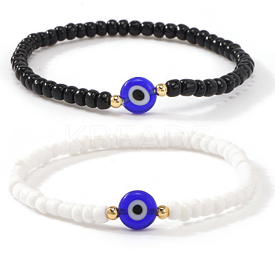 2Pcs Evil Eye Glass Seed Bead & Brass Stretch Bracelets for Women LG5475-1-1