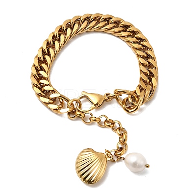 304 Stainless Steel & Natural Freshwater Pearl Curb Chain Bracelets for Women LS-BJEW-G763-03G-1