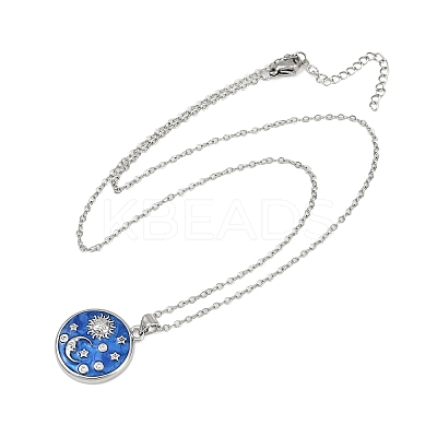 Brass Micro Pave Clear Cubic Zirconia with Blue Enamel Flat Round Pendant Necklaces LS-NJEW-Z088-03P-01-1