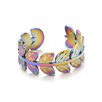 Ion Plating(IP) Rainbow Color 304 Stainless Steel Leaf Wrap Open Cuff Ring for Women RJEW-C025-16M-1