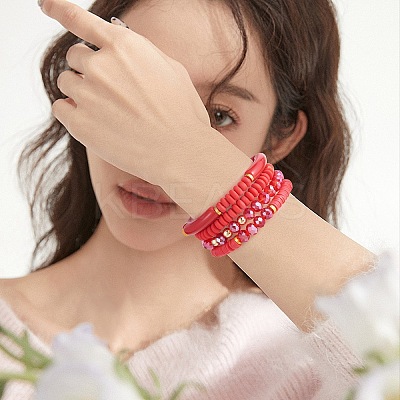8Pcs 8 Style Natural Red Agate & Glass & Polymer Clay Heishi Surfer Stretch Bracelets Set BJEW-SW00083-1